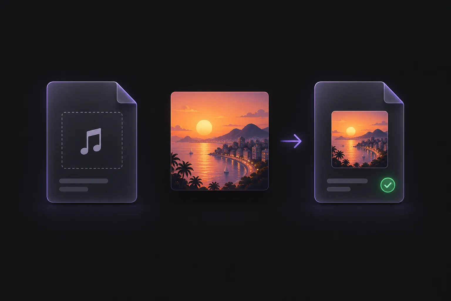 An MP3 with blank artwork beside a sunset cover image and the updated music file with embedded artwork