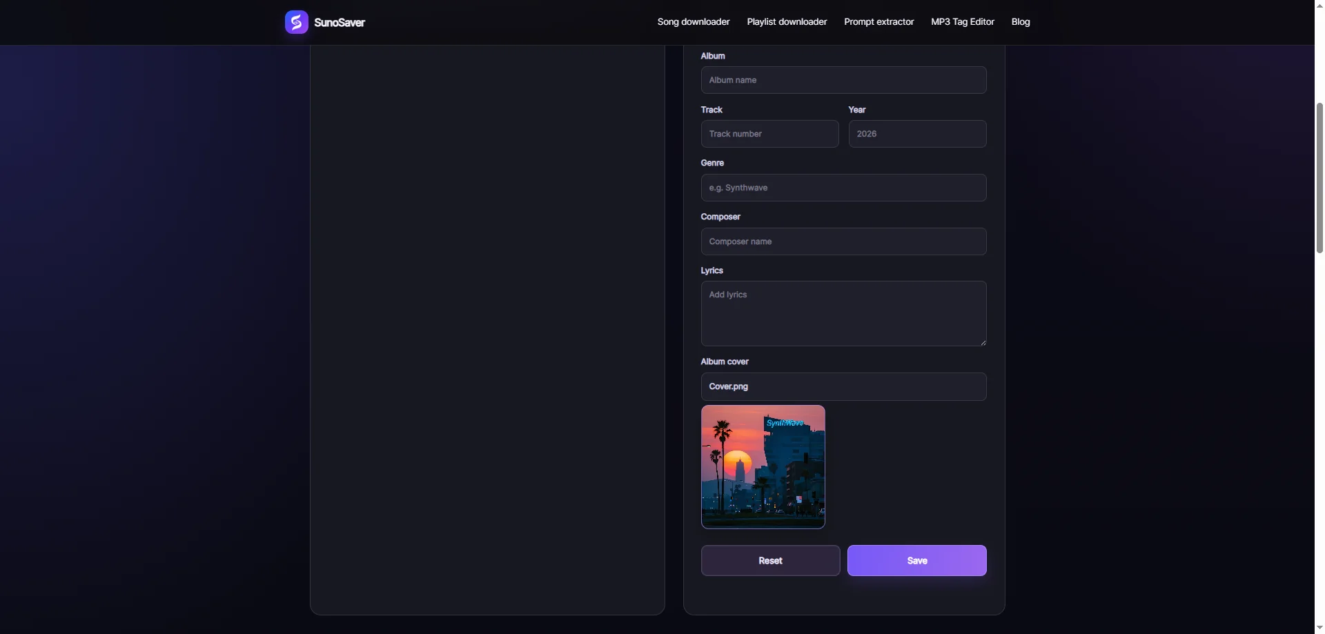 SunoSaver Album cover field showing Cover.png, its sunset artwork preview, and the Save button