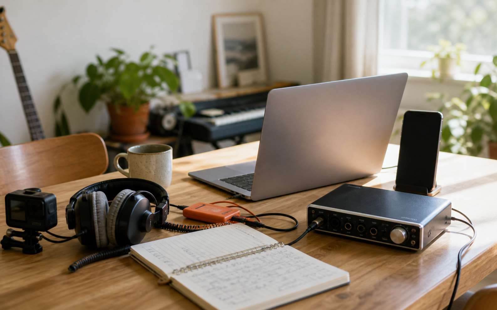 Everyday home music workspace with audio tools ready for publishing