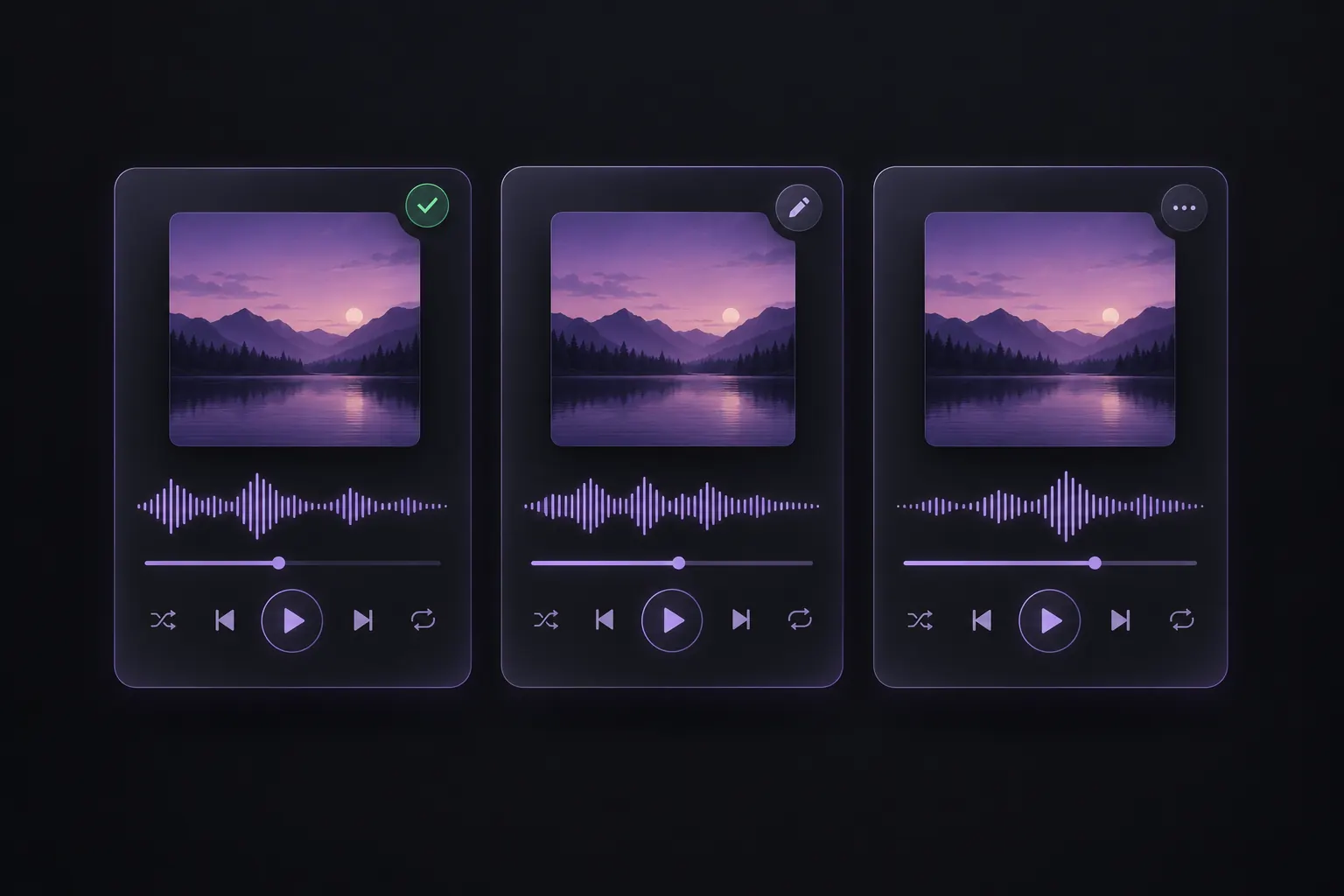 Three music cards with different waveforms, marked as a favorite, a version to edit, and an alternative