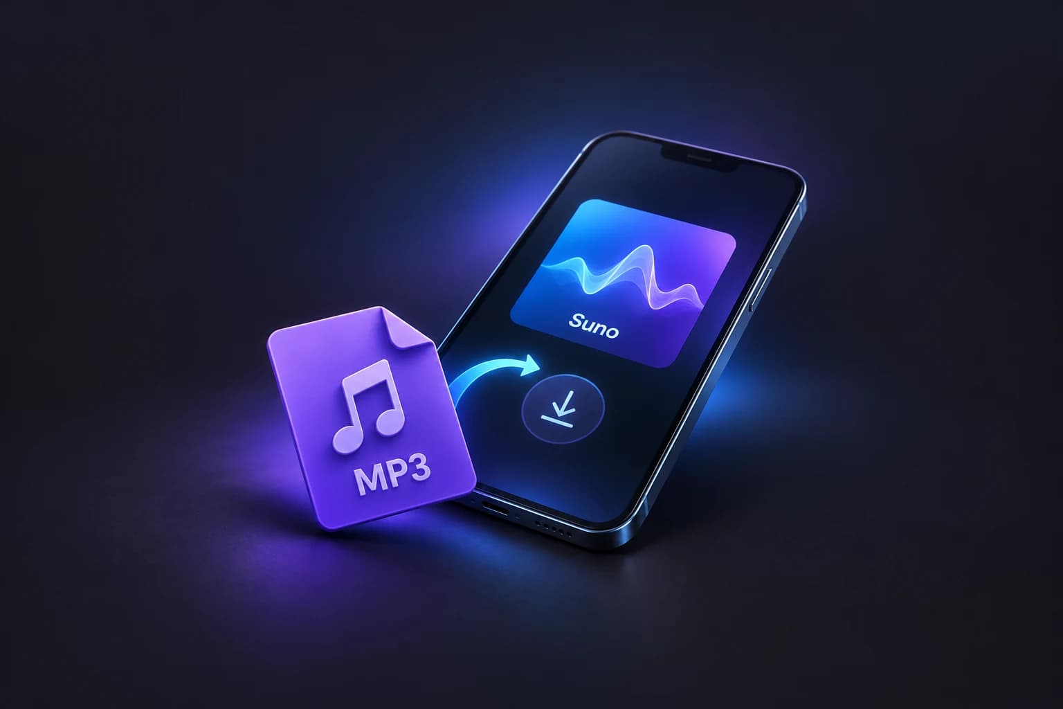 Suno music on a tilted smartphone with a purple MP3 file in the foreground