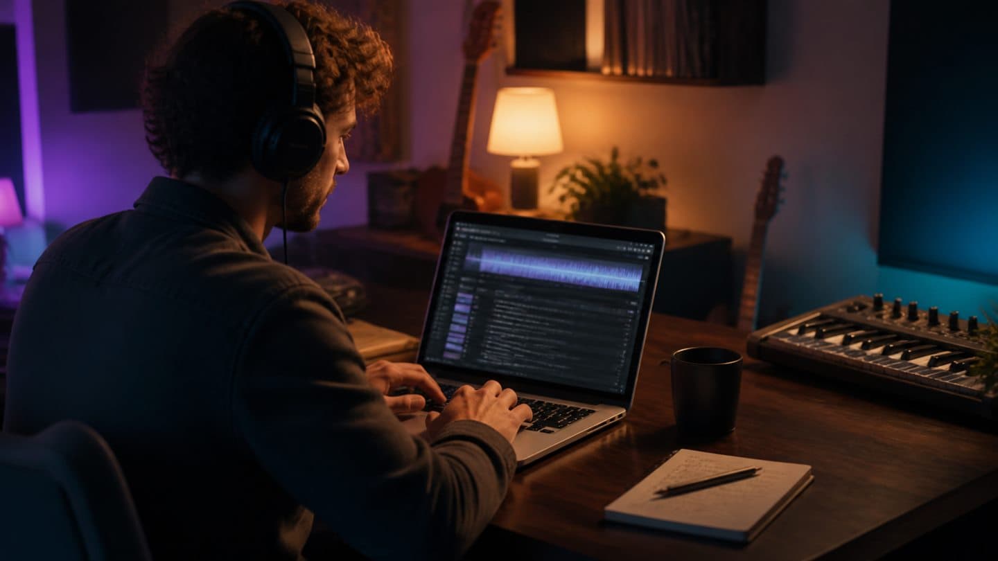 Music creator reviewing a song download and waveform on a laptop in a home studio