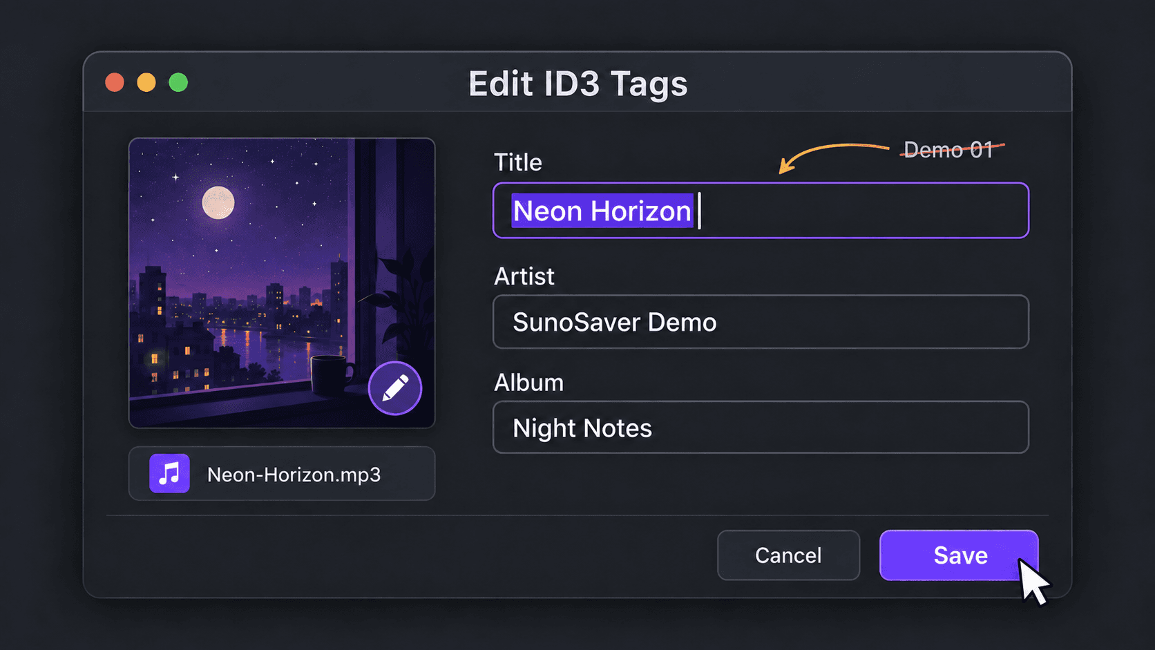 ID3 tag editor changing Demo 01 to Neon Horizon, with editable artist and album fields, cover artwork, and a Save button