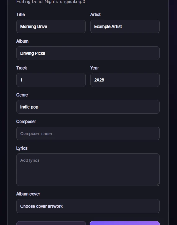 Editing MP3 song details in SunoSaver