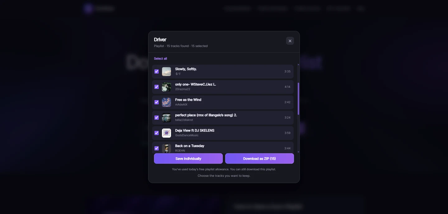 Selected playlist songs with individual and ZIP download options