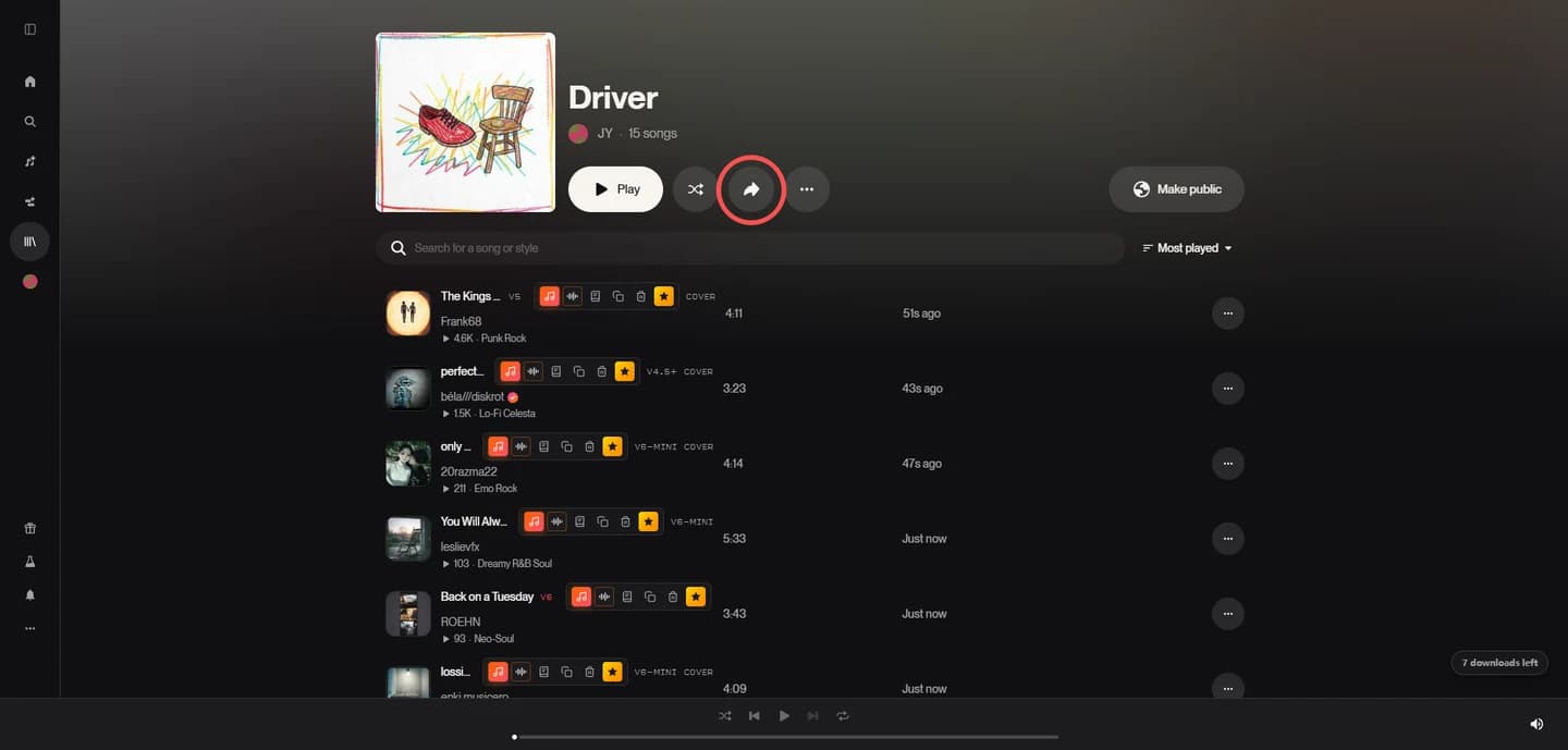 Suno playlist with the share button highlighted