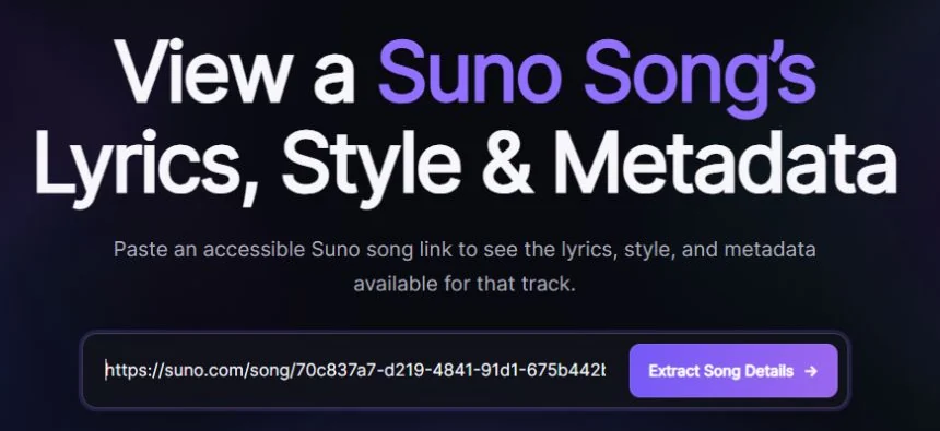 Suno song URL entered in SunoSaver beside the Extract Song Details button
