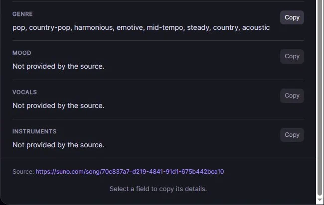 Extracted Genre field with a Copy button; Mood, Vocals, and Instruments are not provided for this example