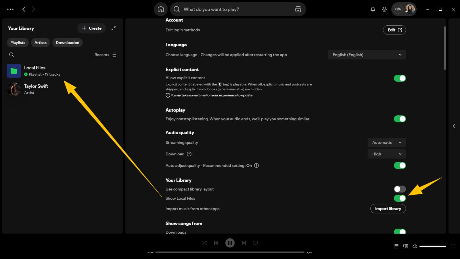 Spotify Local Files settings