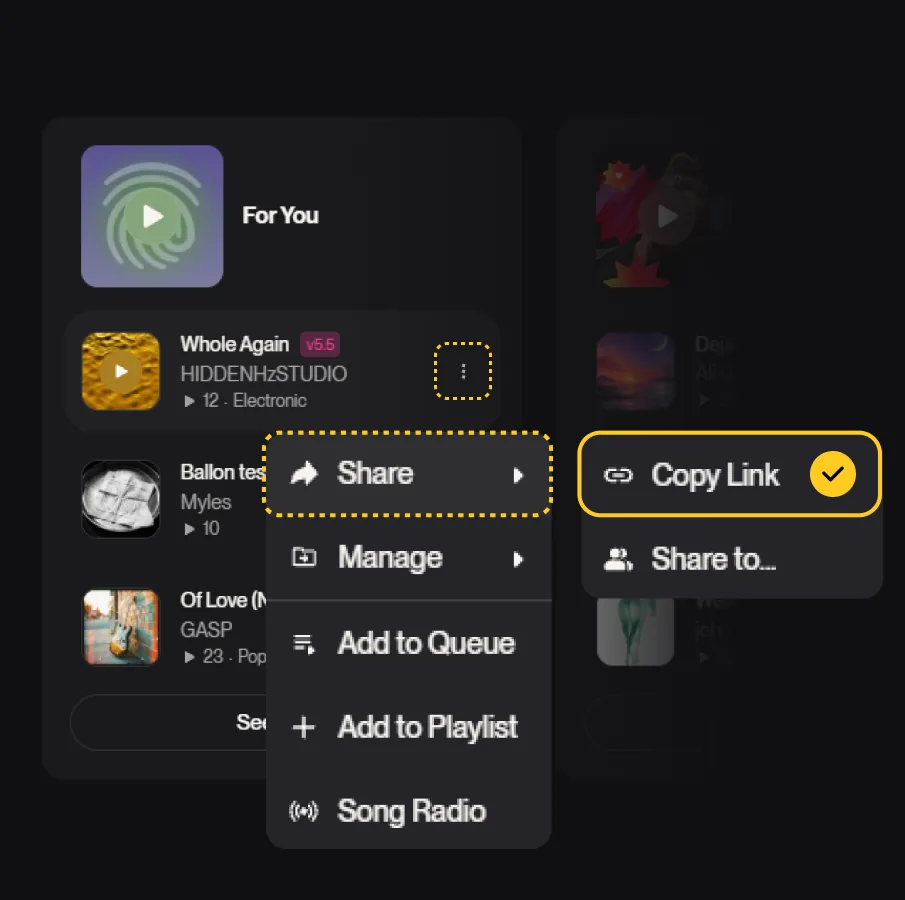 Copy a Suno song link from the share menu