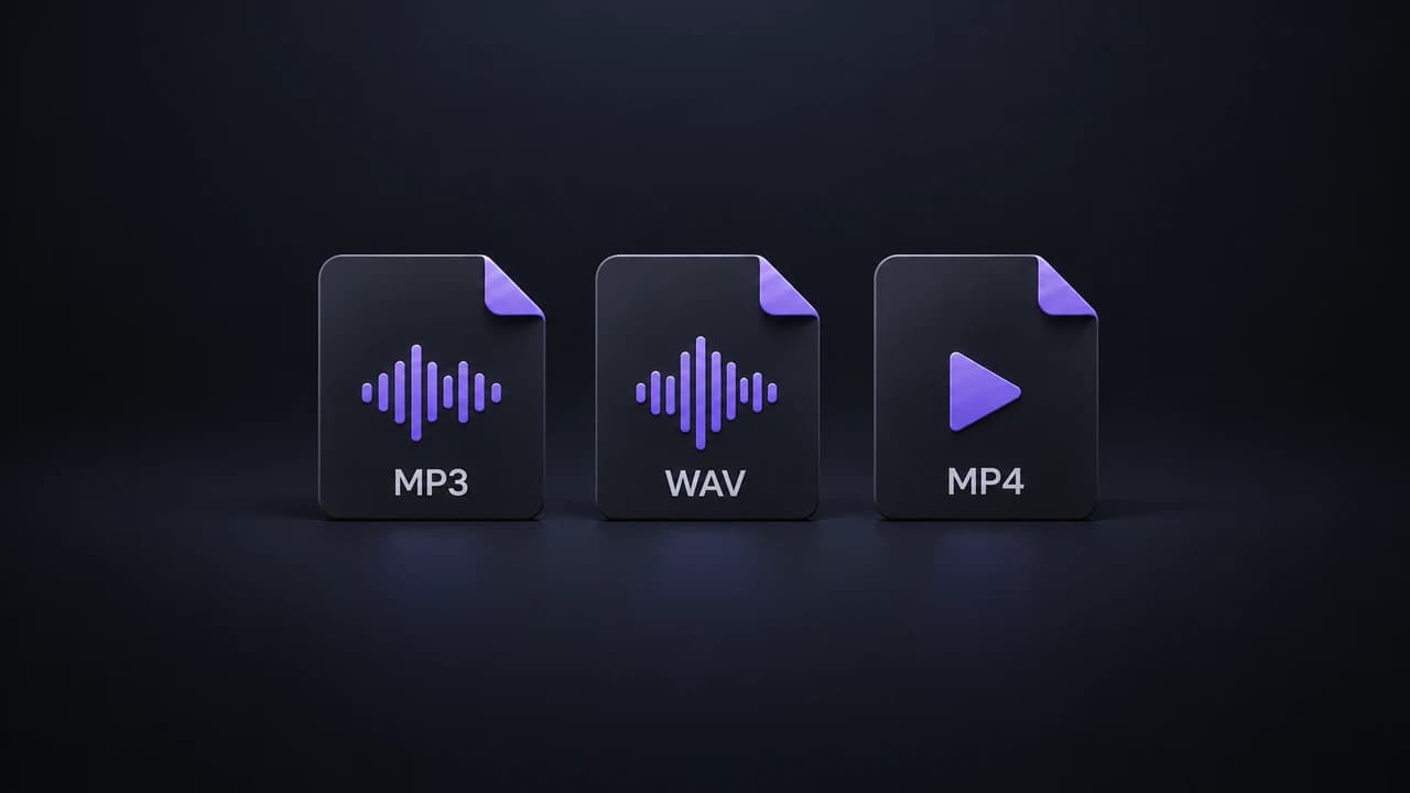 MP3, WAV, and MP4 files in a dark purple illustration