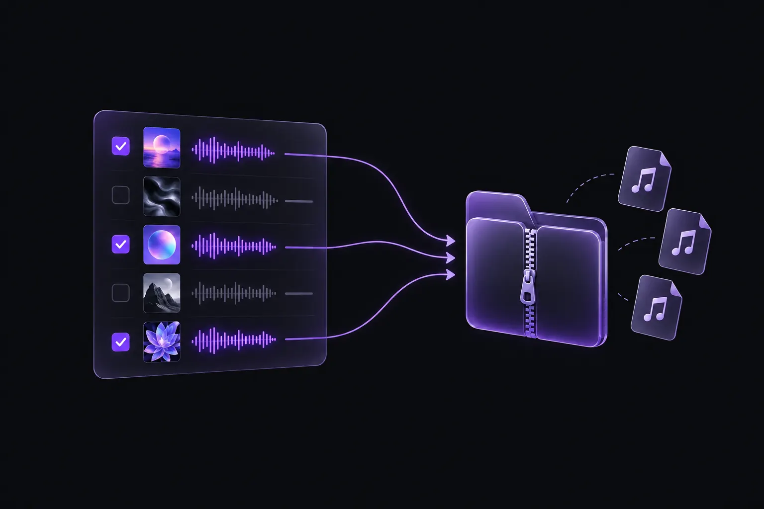 Three selected tracks from a playlist grouped into a ZIP folder and individual music files