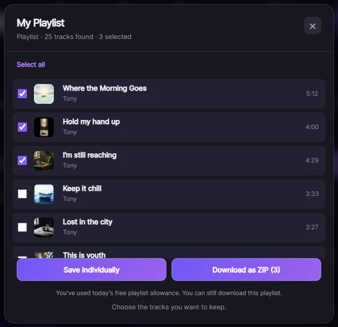 SunoSaver playlist results with 25 tracks found, three songs selected, and Save individually and Download as ZIP (3) buttons