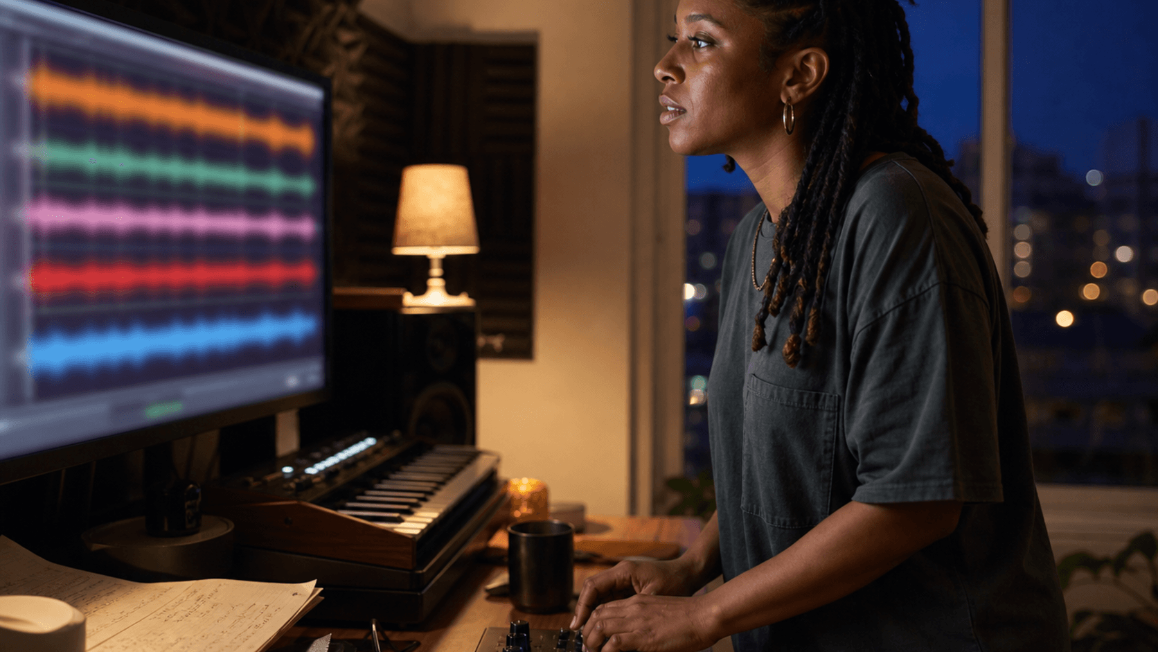 Music producer comparing two audio waveforms in a home recording studio
