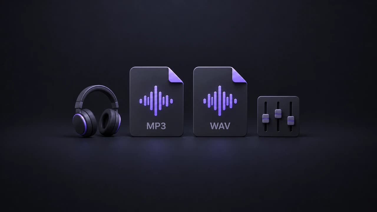 MP3 and WAV files with headphones and audio editing controls
