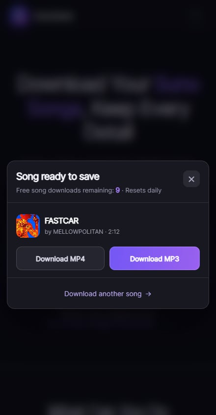 SunoSaver song result with a Download MP3 option on a phone