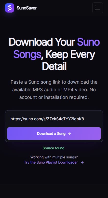 SunoSaver song link form on a phone