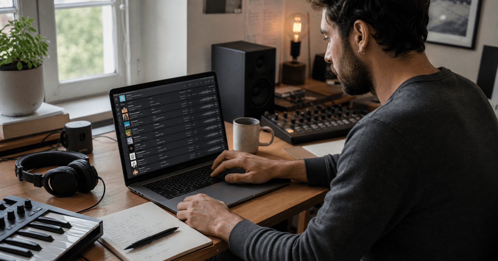 Music creator reviewing a multi-song playlist on a laptop before saving the collection