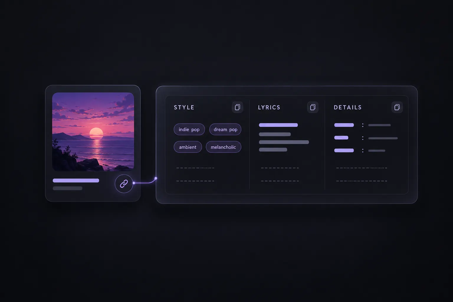 A song link beside a panel of available style, lyrics, and song details with copy icons