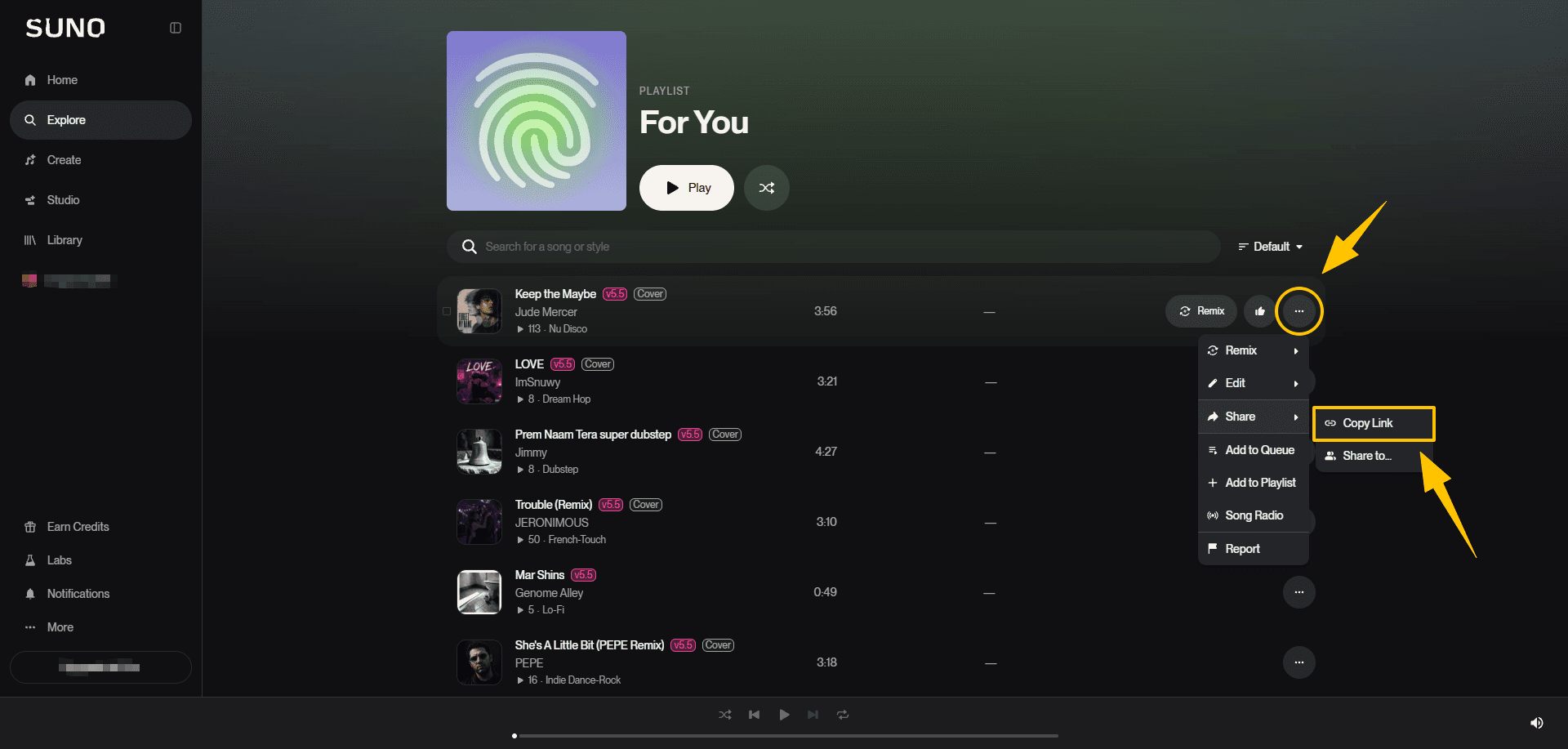 Suno song menu with Share and Copy Link highlighted to copy a song URL