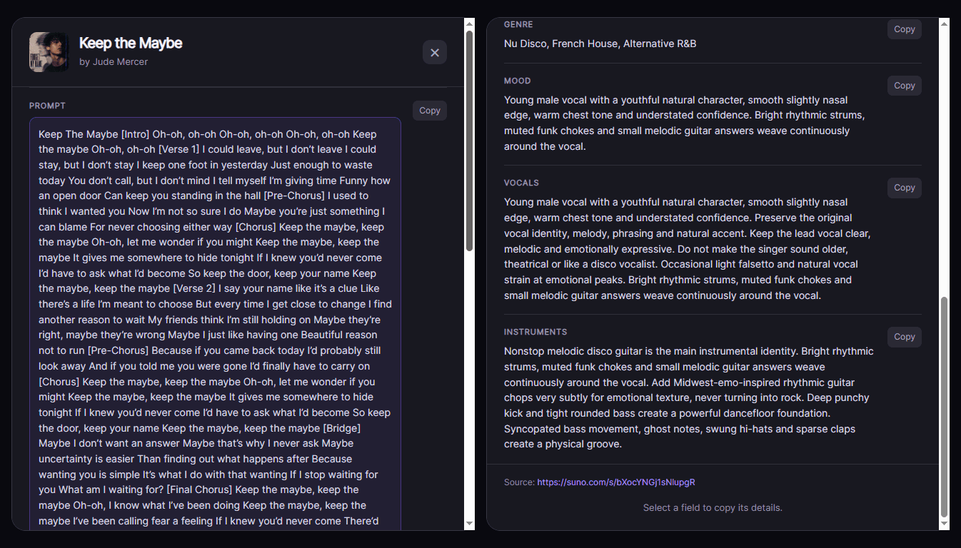 Combined SunoSaver extraction screenshots showing the Prompt lyrics and Genre, Mood, Vocals, and Instruments fields with Copy buttons