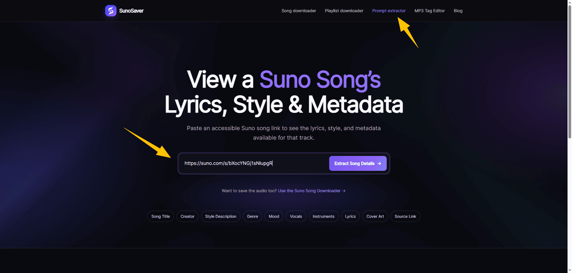 SunoSaver Prompt Extractor with a Suno song link entered beside the Extract Song Details button