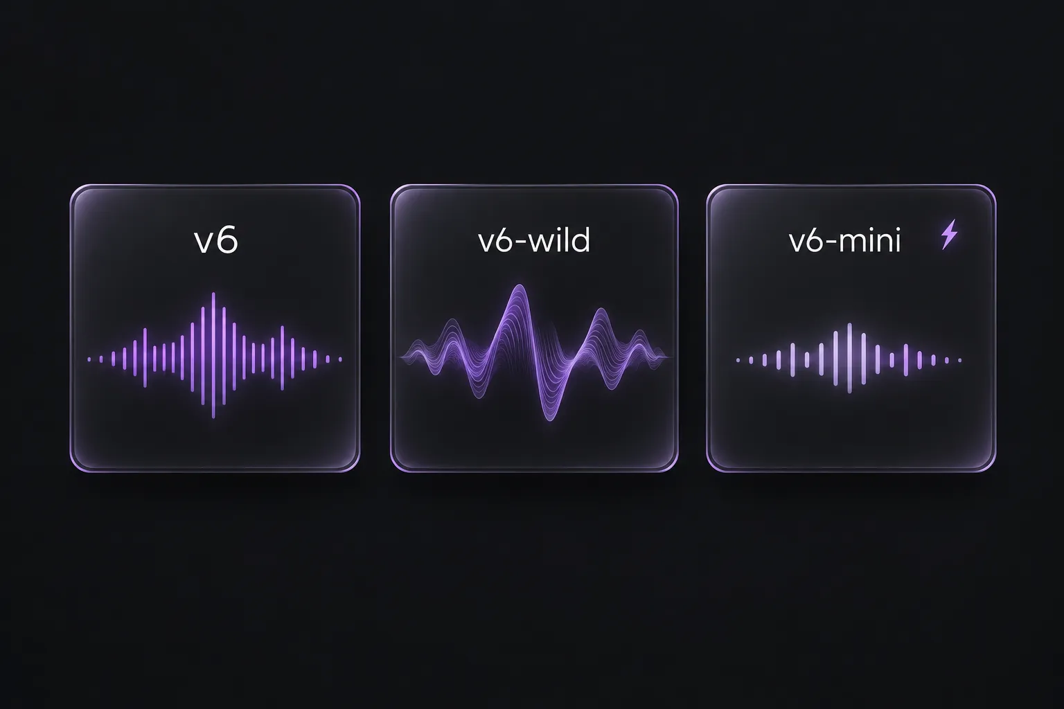 Three music model cards labeled v6, v6-wild, and v6-mini with distinct purple waveforms