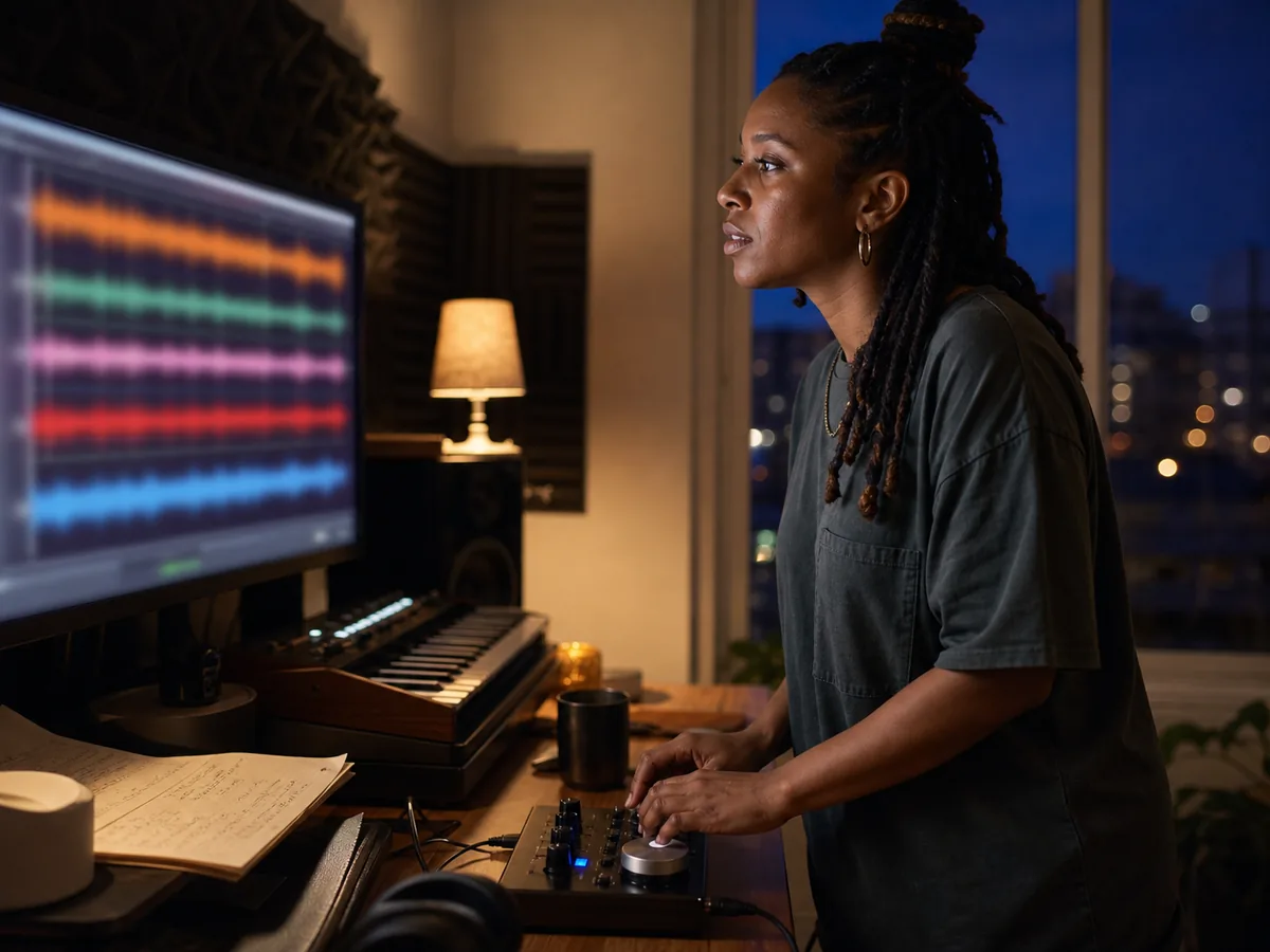 AI music creator comparing song generations in a dark home studio