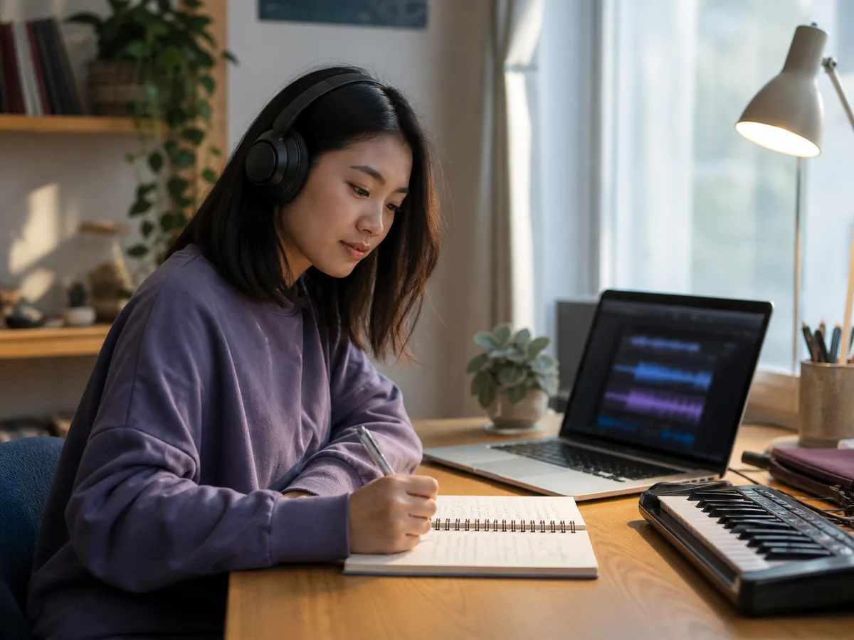 AI music beginner taking notes while listening to a song at a home music desk
