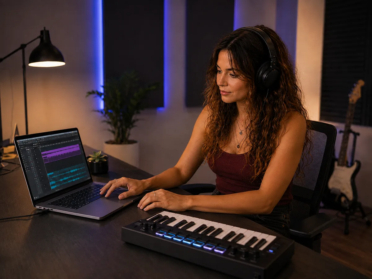 Young woman musician and producer reviewing reference tracks in a modern studio