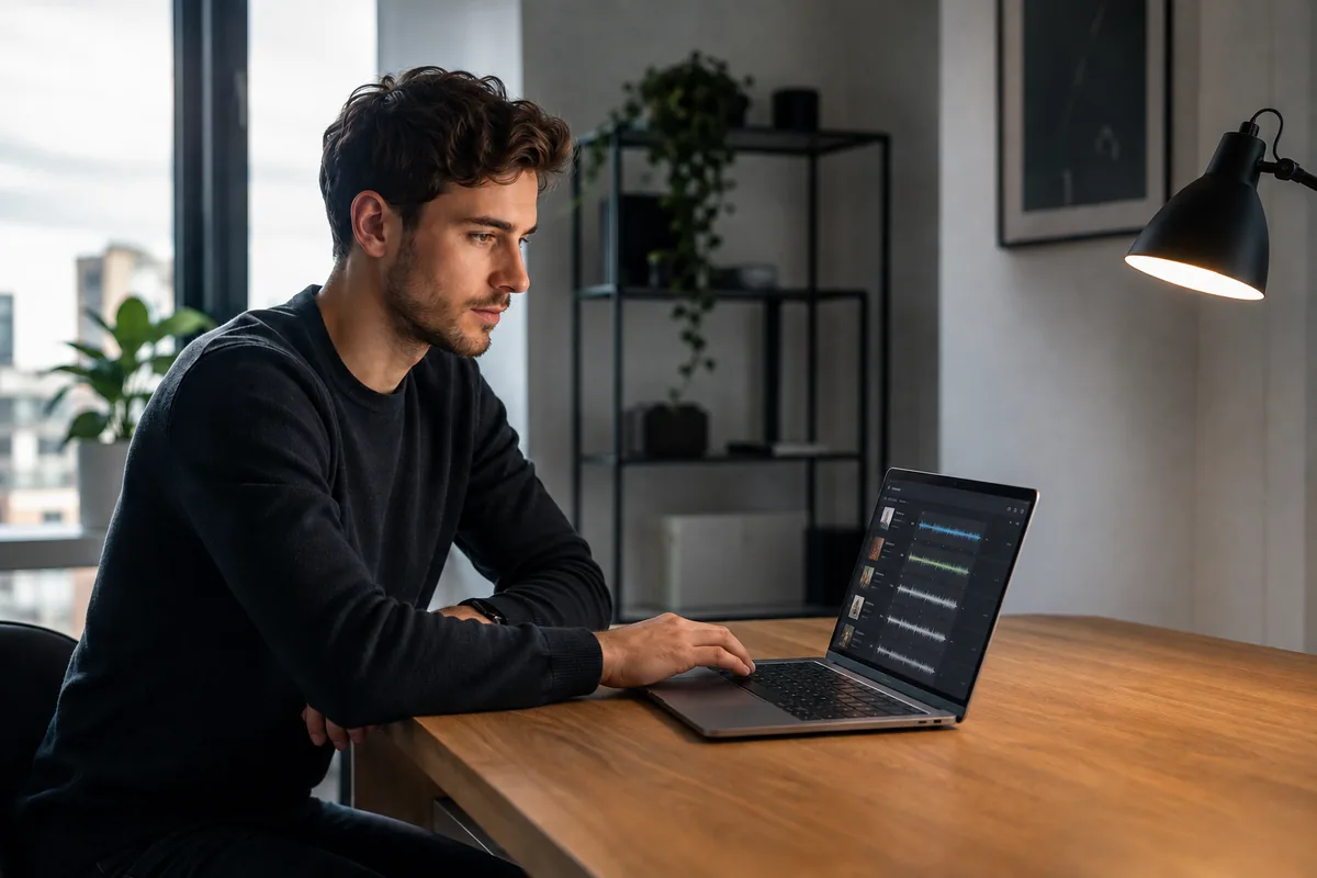 Young man browsing an AI-generated song library on a laptop at a modern home workspace