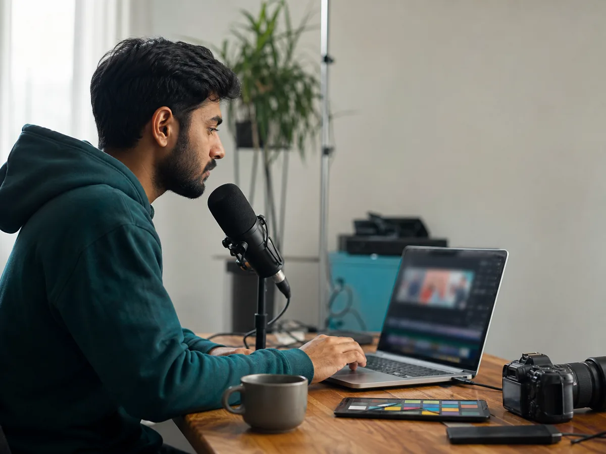 Video creator and podcaster organizing music for a production