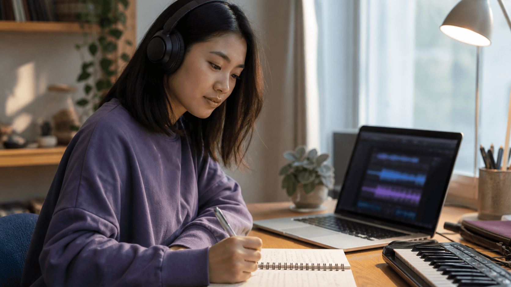 Audio editor preparing a music file export at a home studio desk