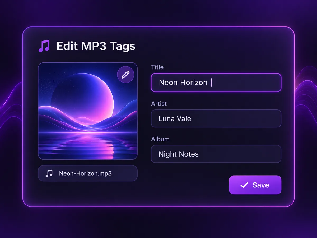 MP3 tag editor with editable title, artist, and album fields, cover artwork, and a Save button