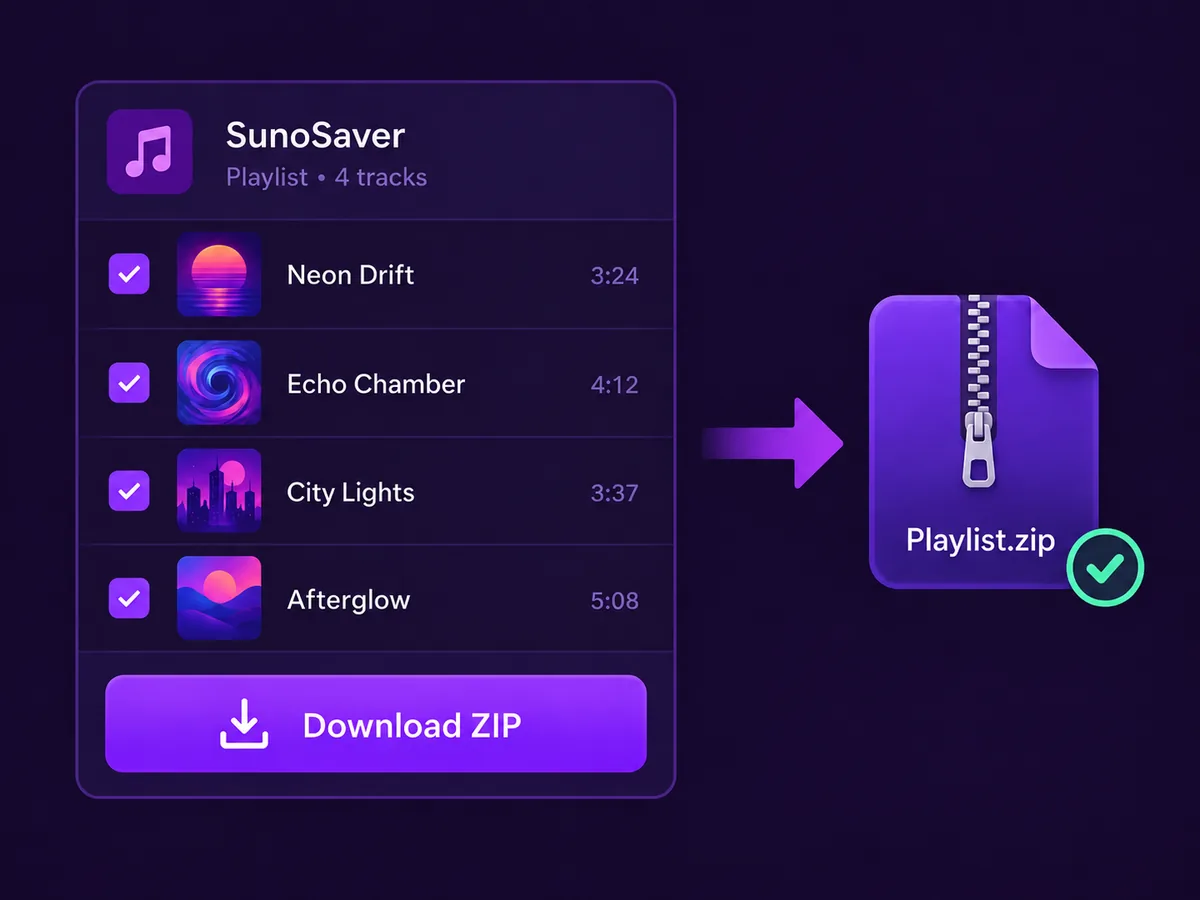 Four selected playlist tracks downloaded together using Download ZIP into a single Playlist.zip archive