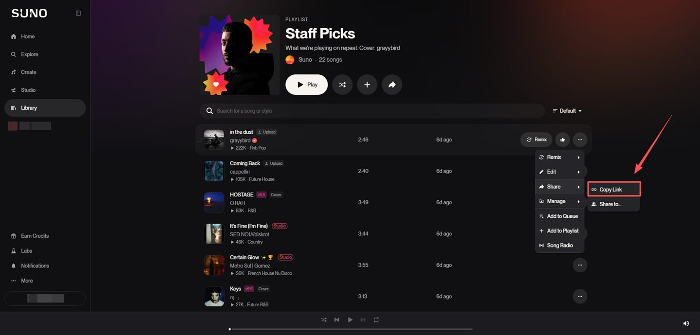 Suno song menu with the Copy Link option highlighted