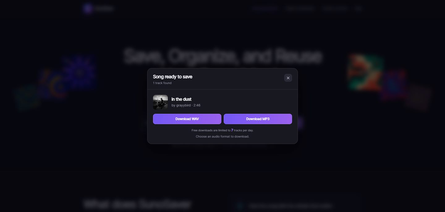 SunoSaver dialog showing available WAV and MP3 download options for an authorized song