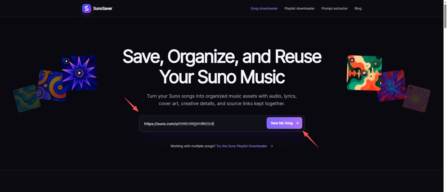 SunoSaver song downloader with an accessible Suno link pasted into the input field