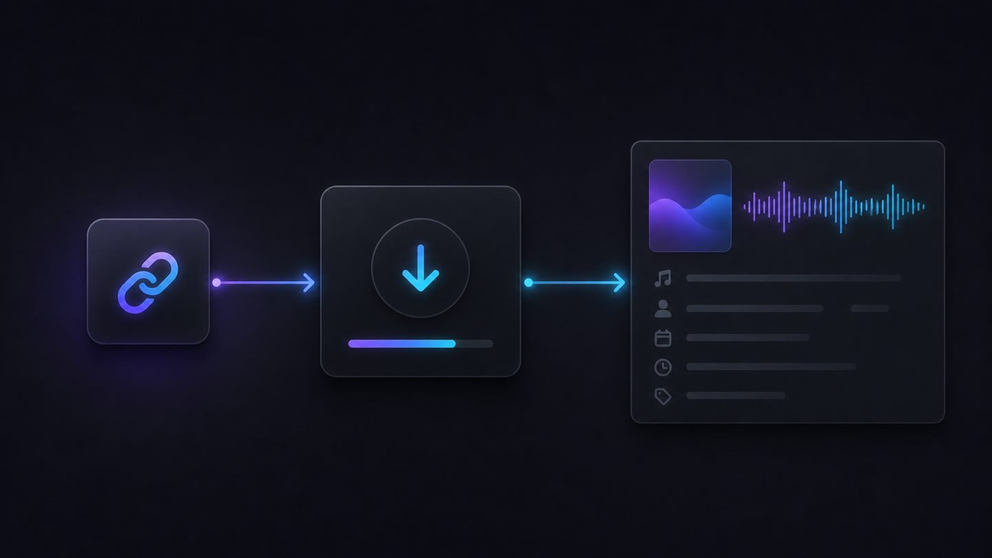 Visual workflow from a song link to a download panel and an organized music file
