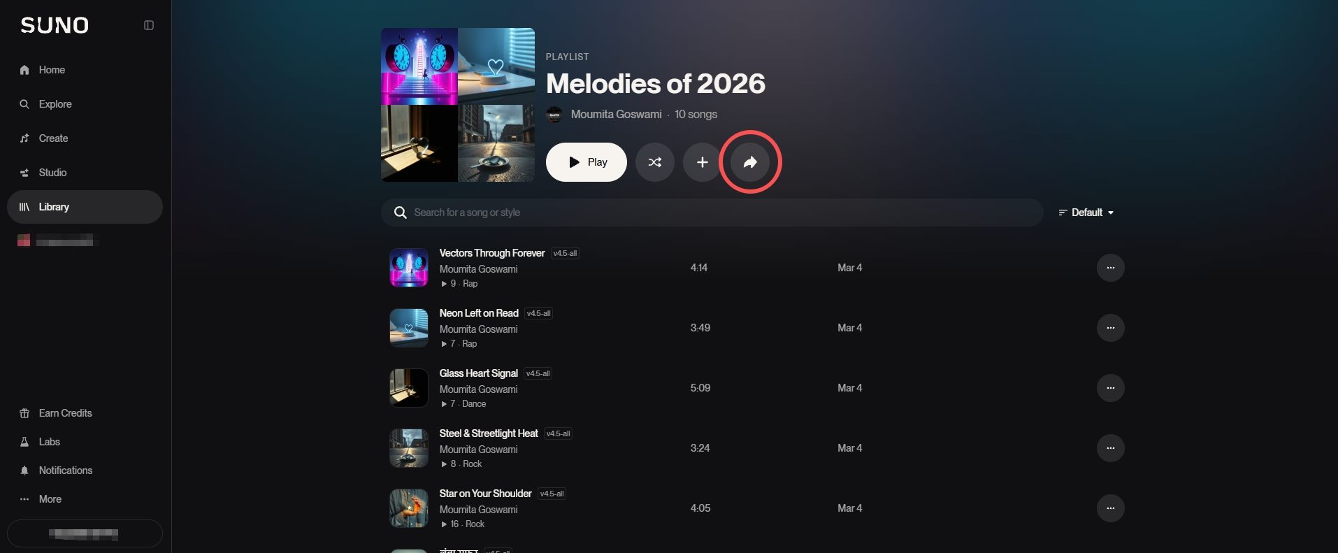Public Suno playlist page with the playlist share button visible