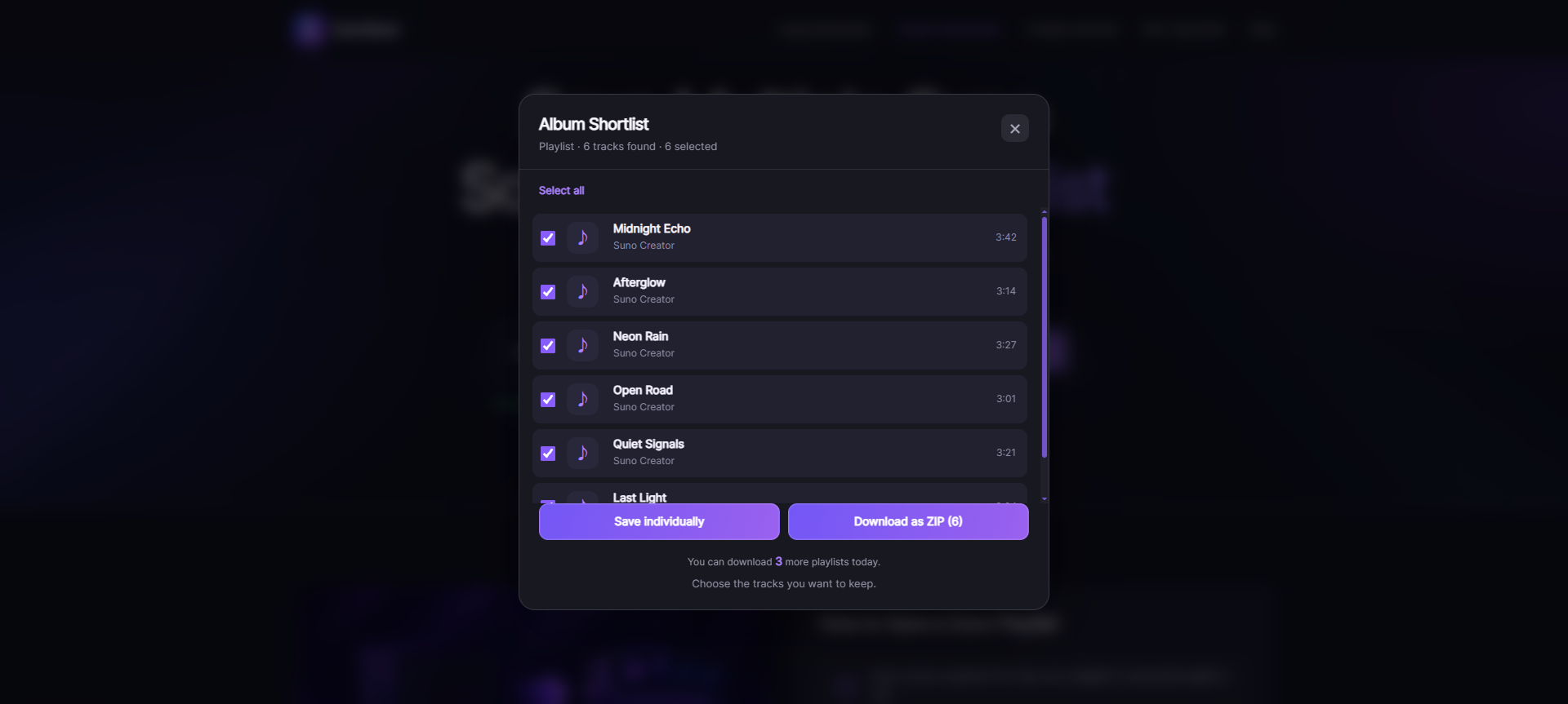 SunoSaver playlist result showing selectable tracks and download buttons